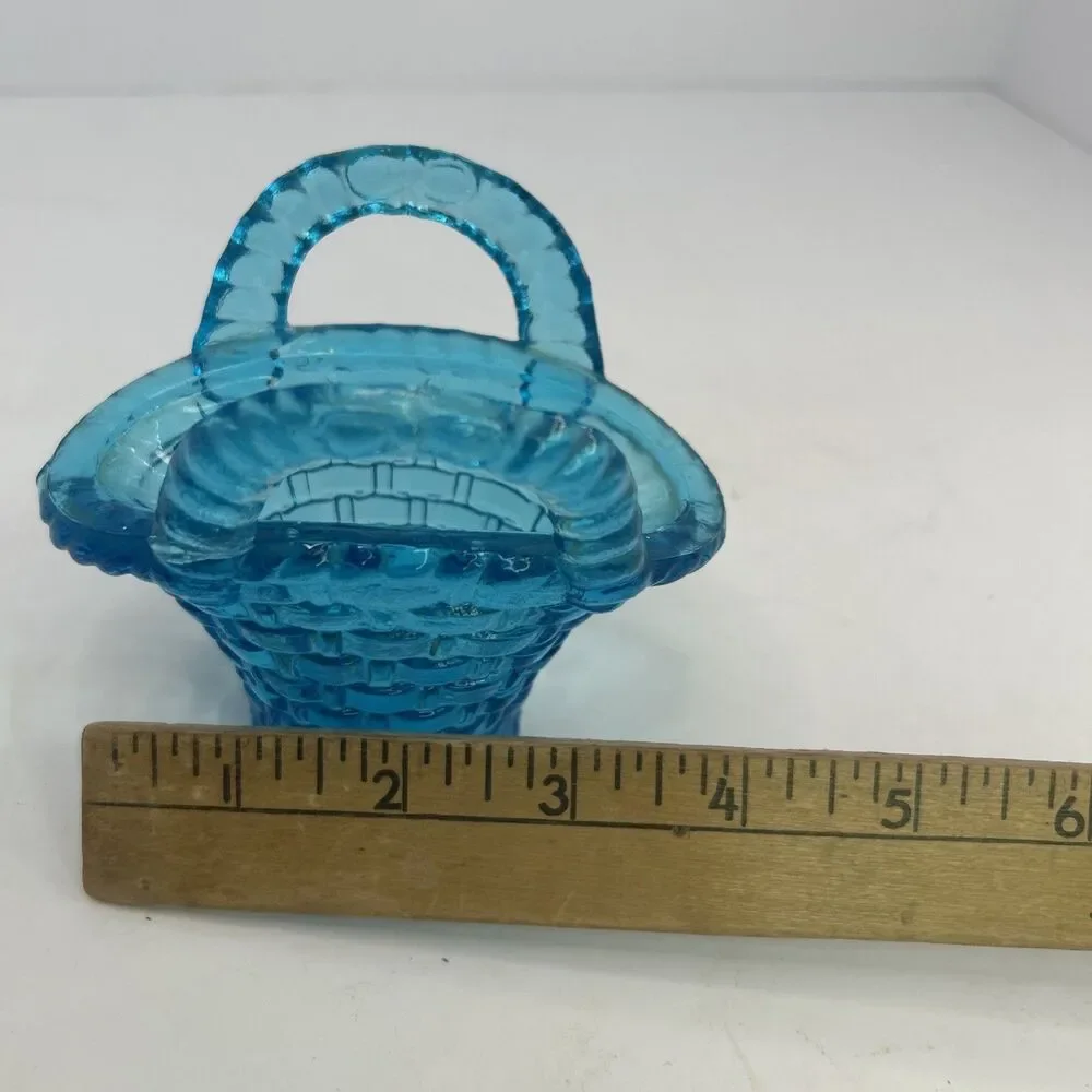 Vintage Aqua Blue Glass Mini Basketweave Trinket Dish Toothpick Holder